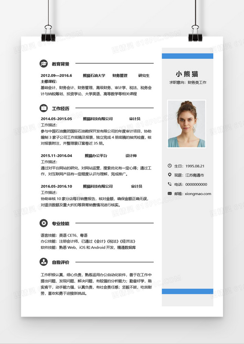 灰色简约大气财务会计简历word模板