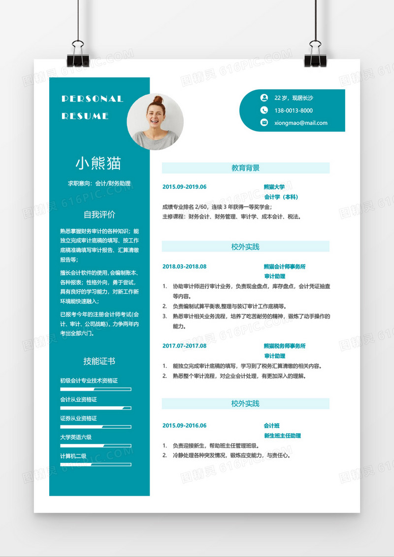 商务简约色块财务会计简历word模板