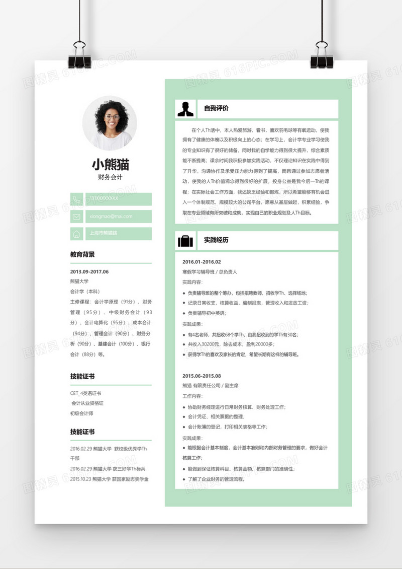 浅绿色财务会计简历word简历模板