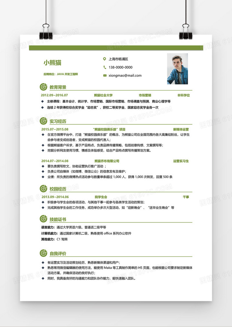 绿色商务时尚java软件开发师2年工作经验简历word模板