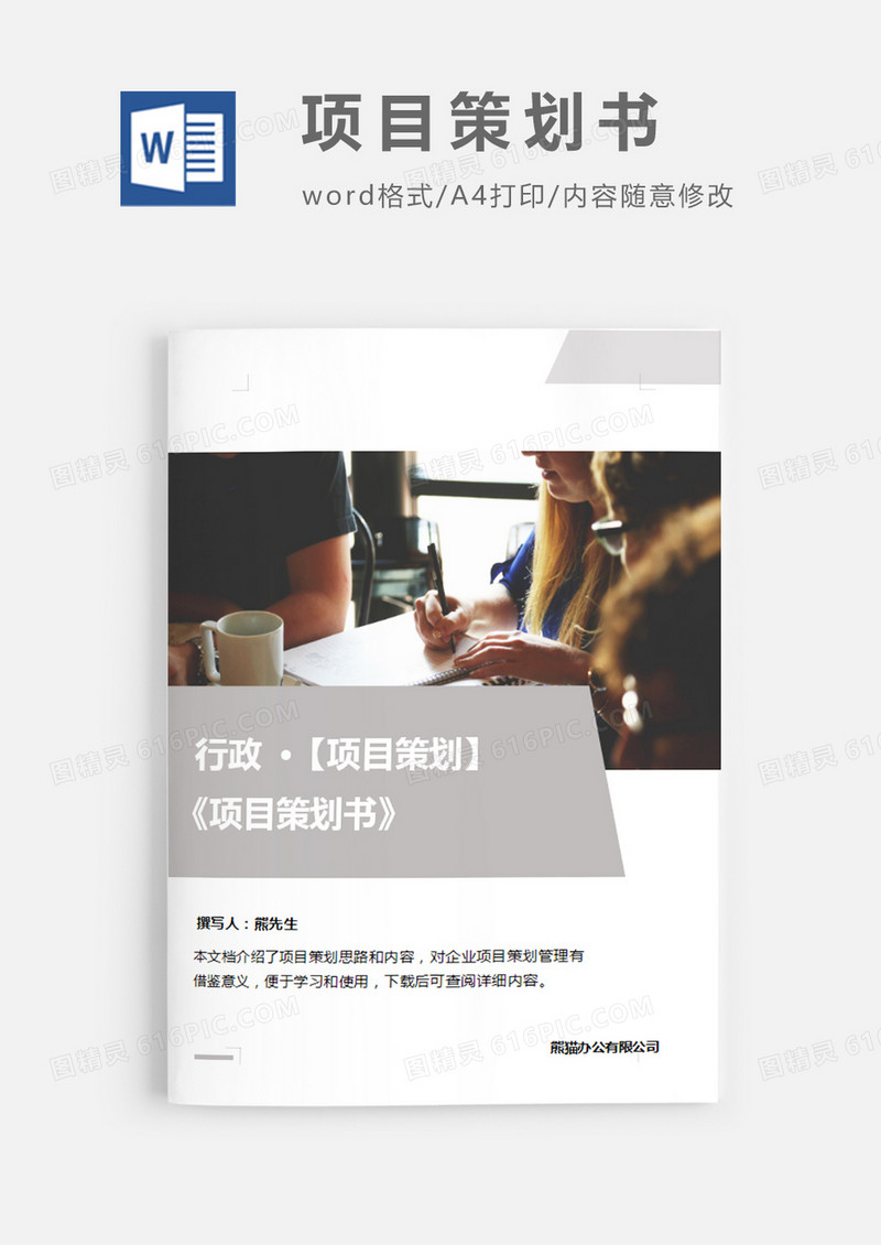 行政项目策划书灰色简约图片word模板