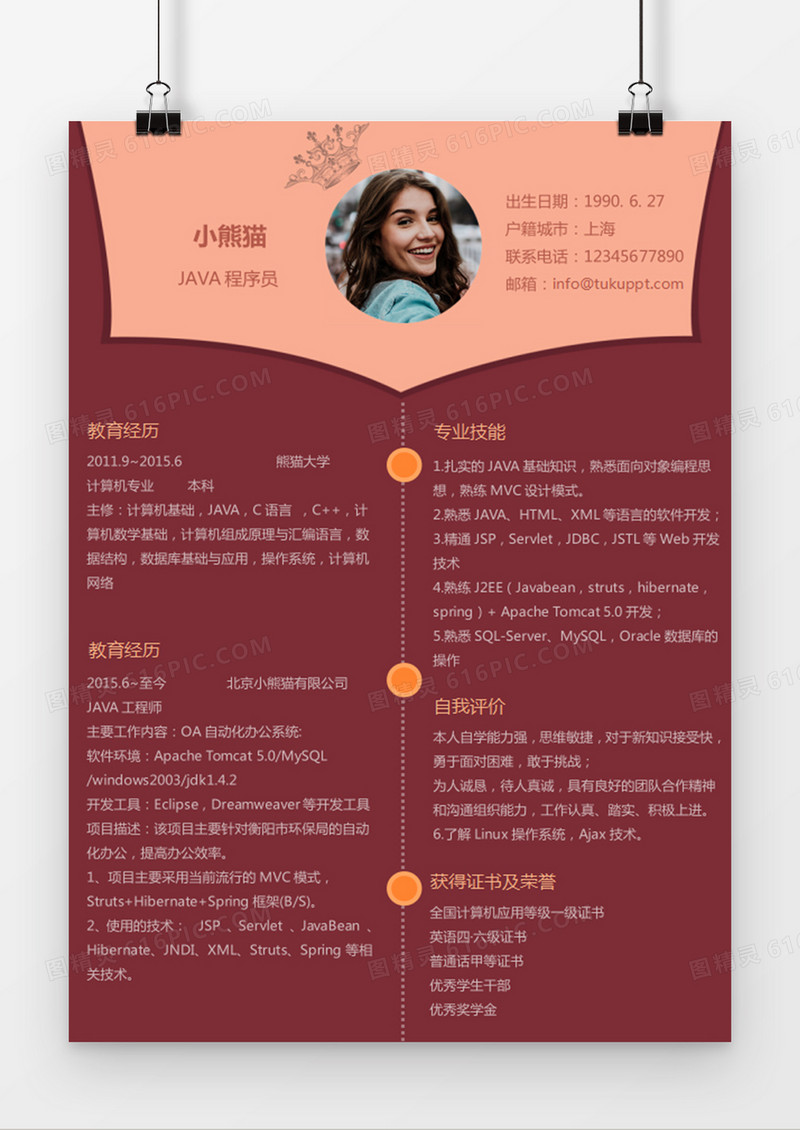 现代商务JAVA程序员求职简历深红色word简历模板