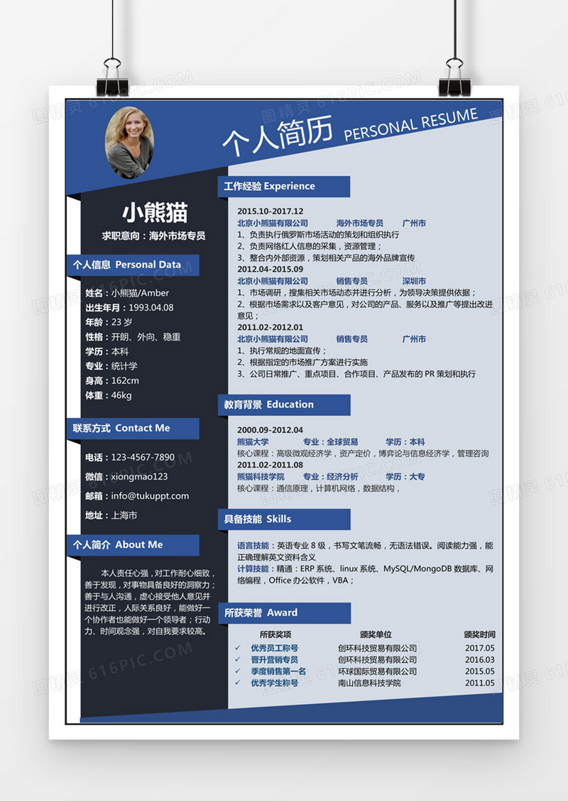 现代商务海外市场专员求职简历深蓝色word简历模板