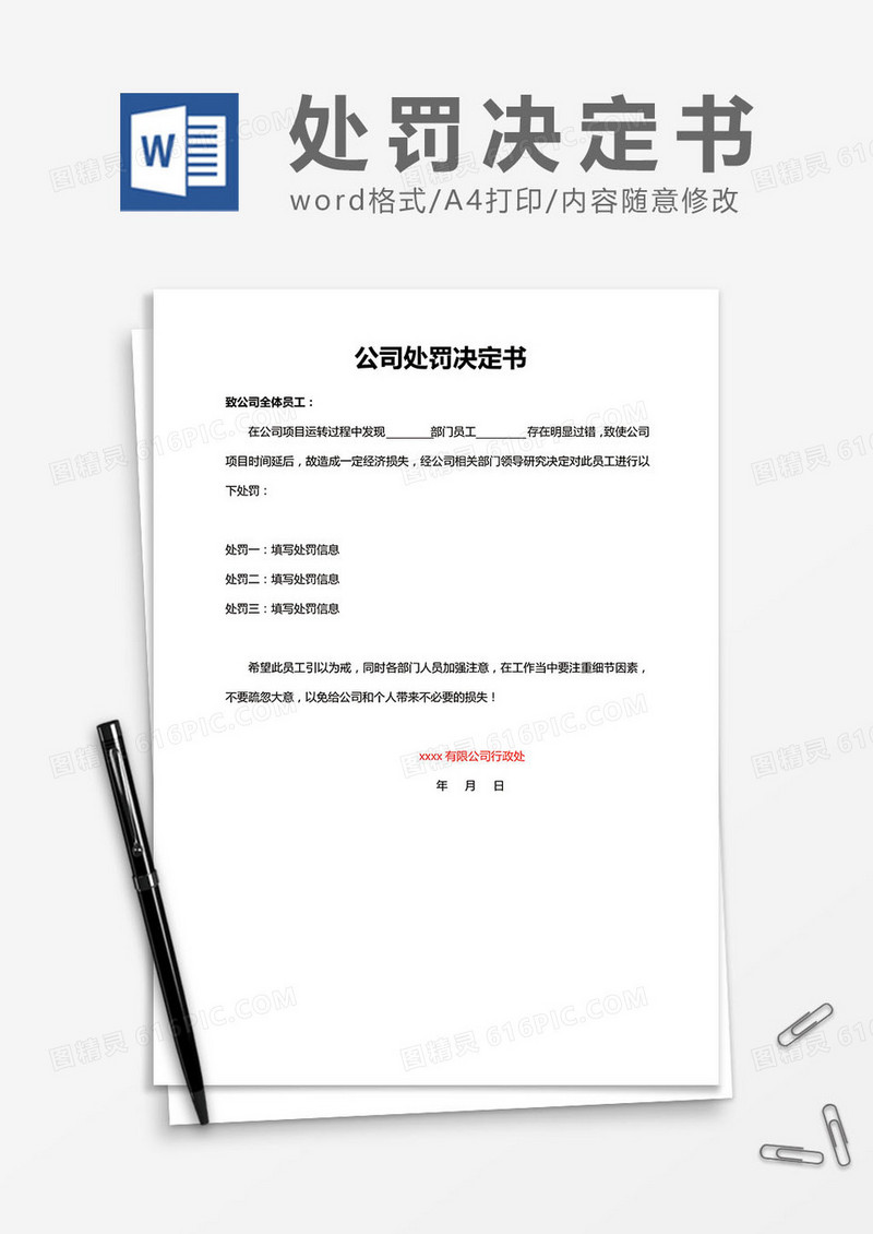 公司财务处罚决定书Word模板