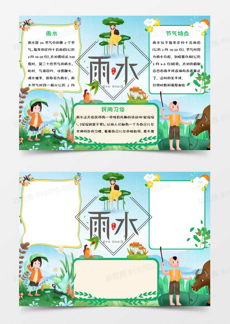 绿色简约清新雨水小报Word模板