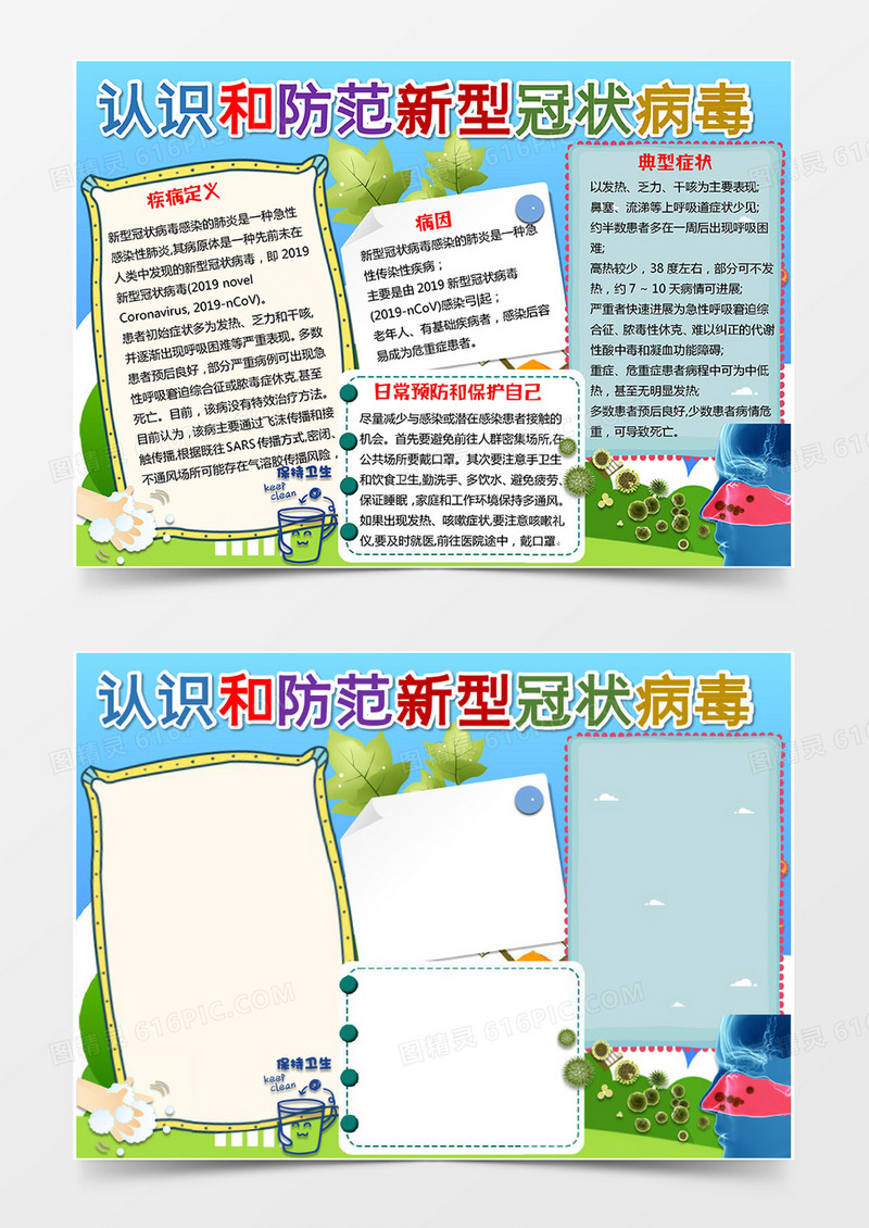 蓝色卡通风格认识和预防新型冠状病毒word模版手抄报