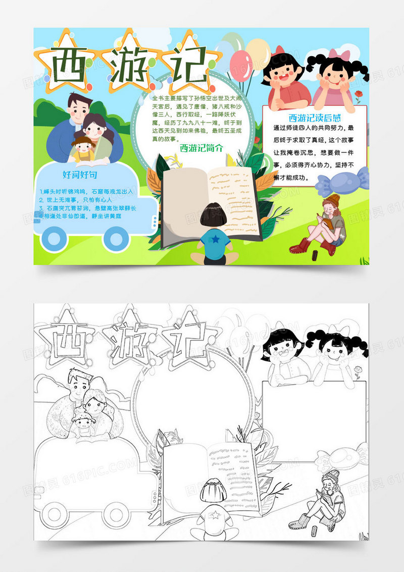 蓝色绿色卡通西游记简介小报Word模板