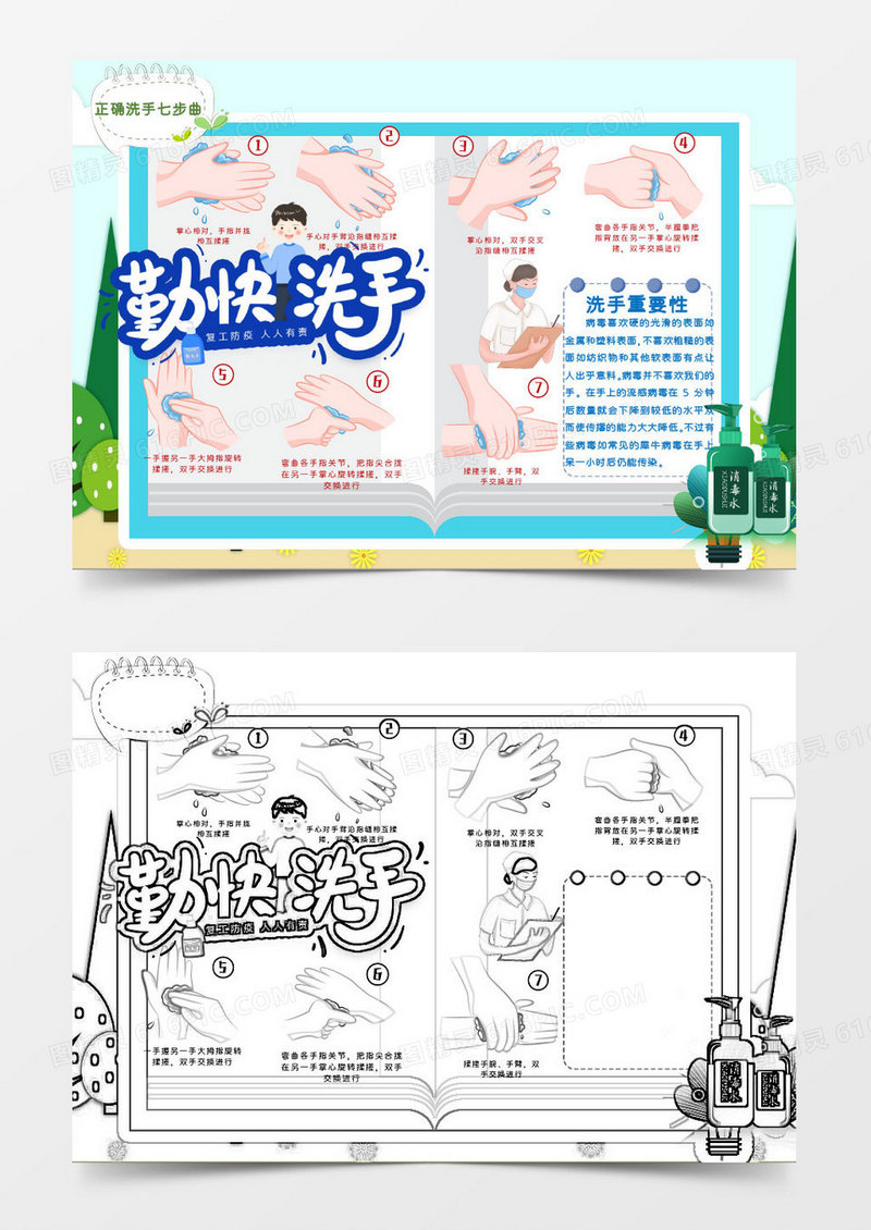 蓝色卡通勤洗手7步小报Word模板