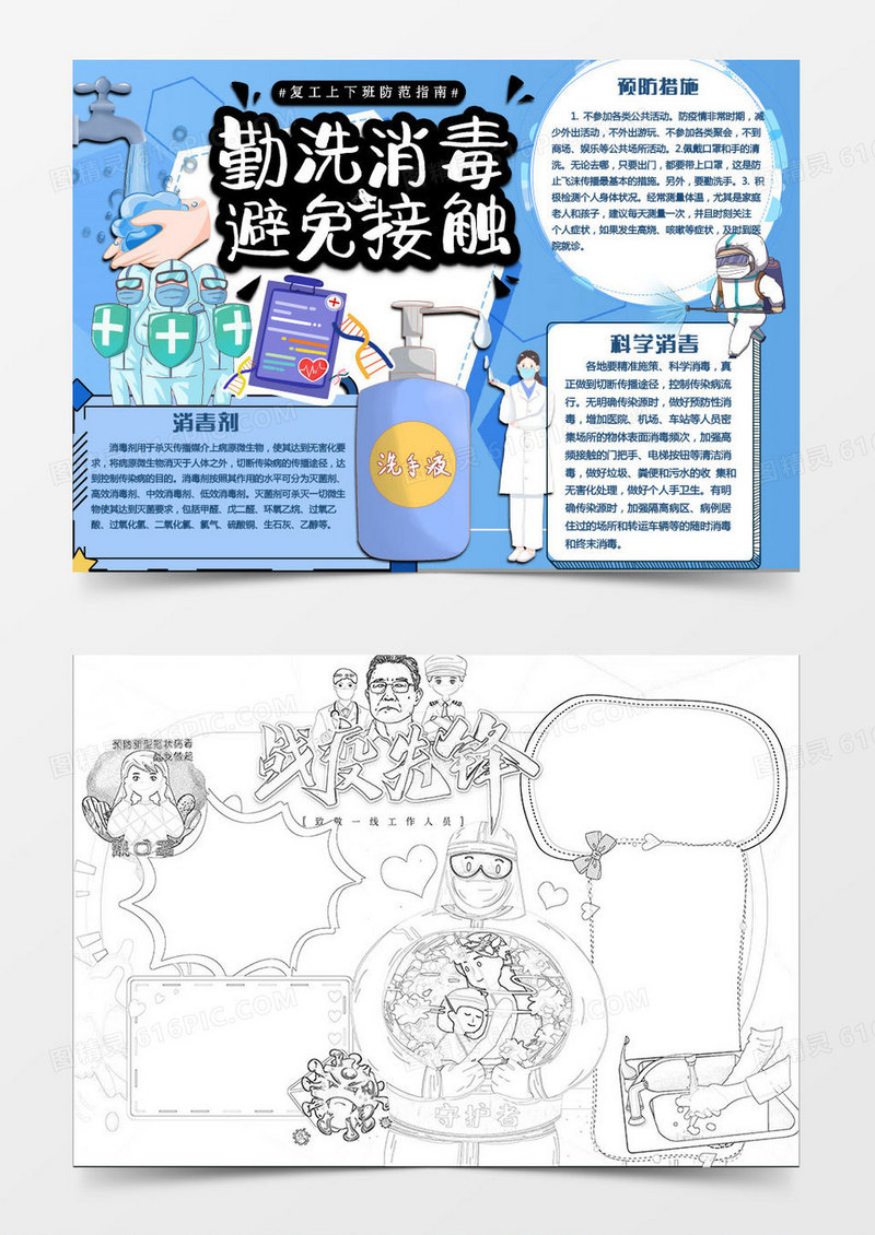 蓝色卡通多消毒洗手版新冠肺炎小报Word