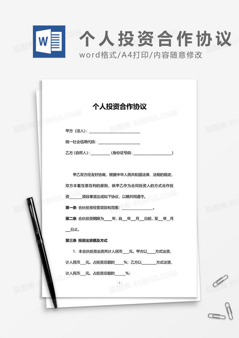 个人投资合作协议word模板