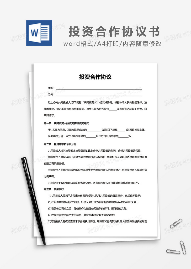 共同投资人投资合作协议word模板