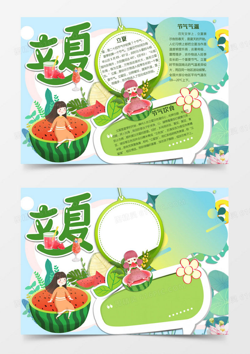蓝绿色卡通风格立夏节气电子小报word模版