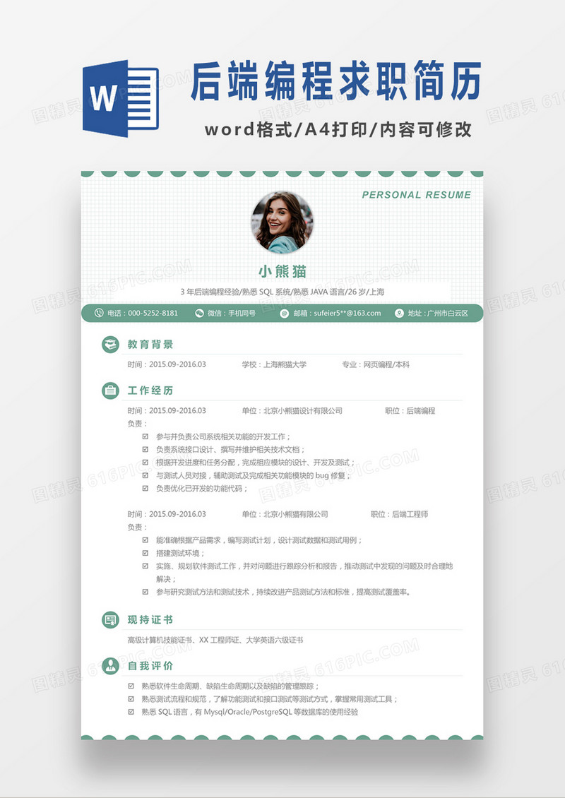 极简风后端编程网页编程求职简历个人简历简历word简历
