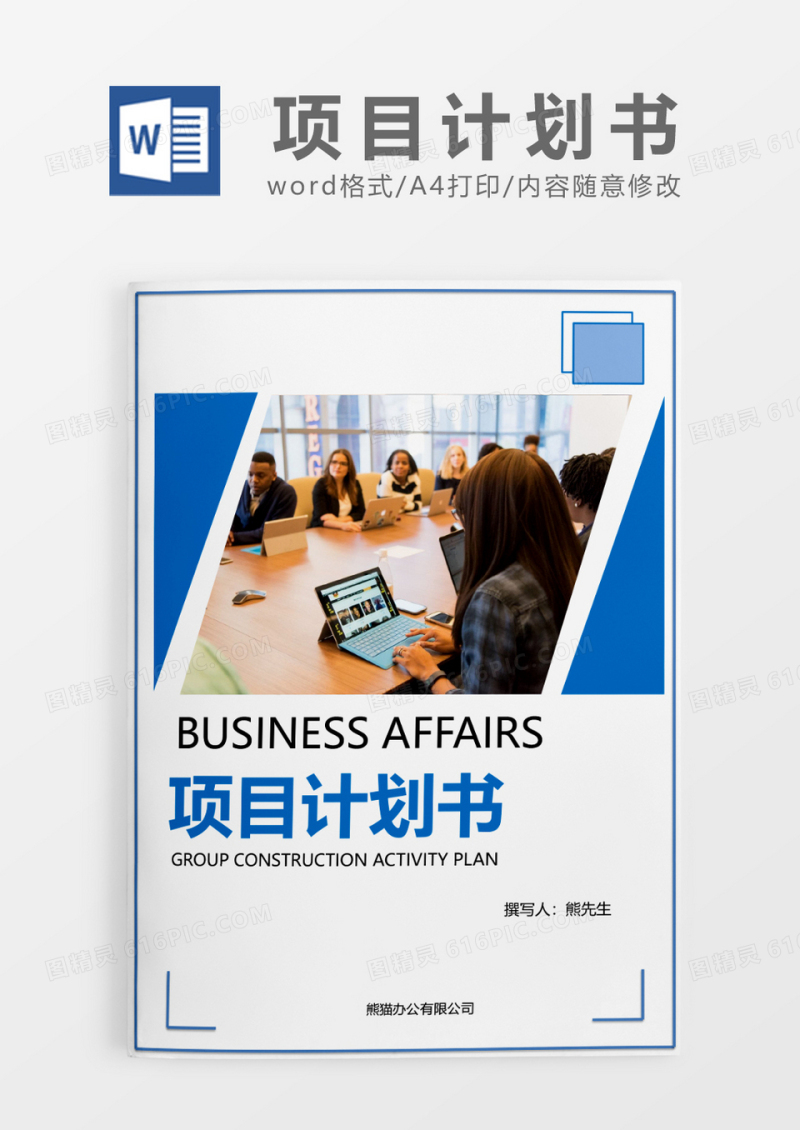 蓝色简约商务公司项目计划书word模板
