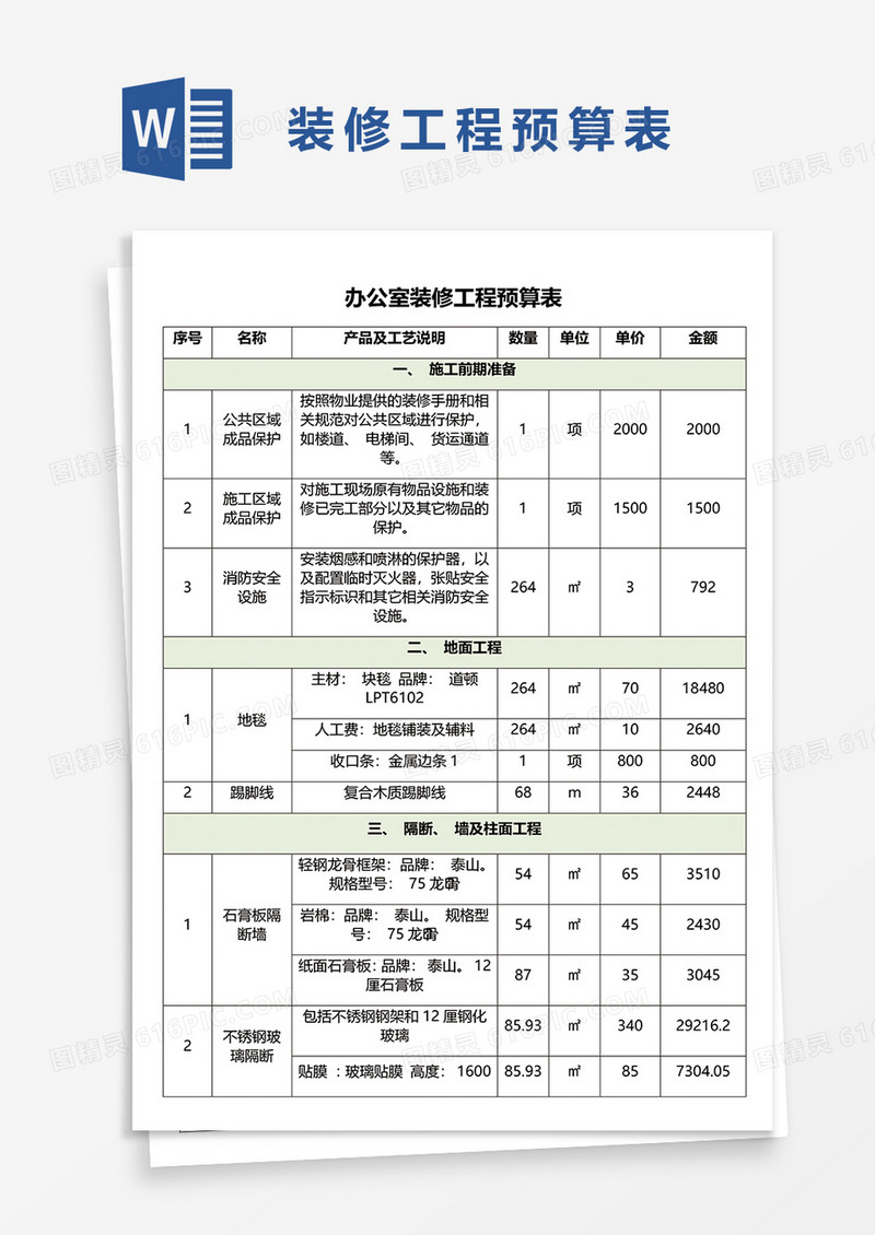 办公室装修工程预算表word模板