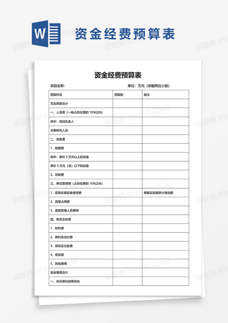 资金经费预算表word模板