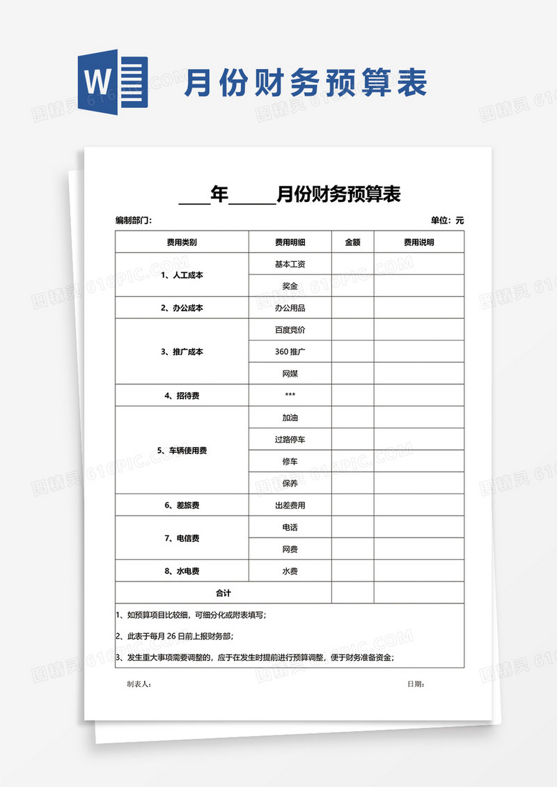 月份财务预算表word模板