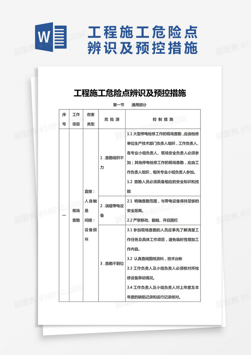 工程施工危险点辨识及预控措施word模板