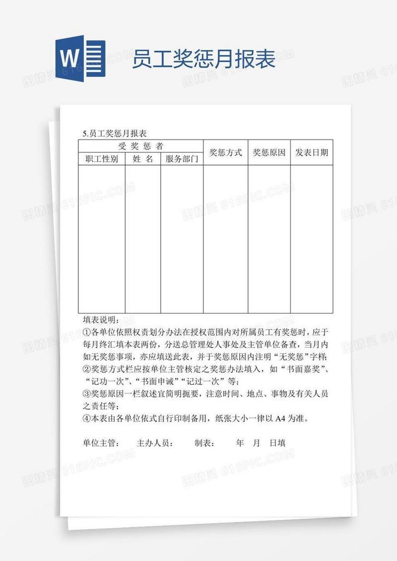员工奖惩月报表