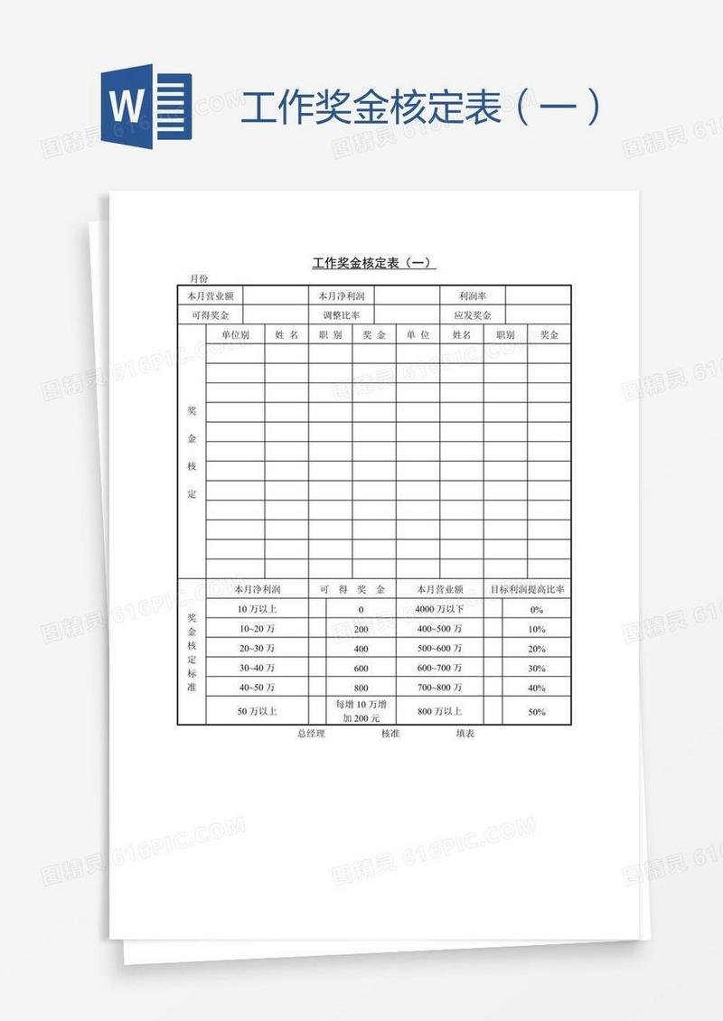 工作奖金核定表（一）