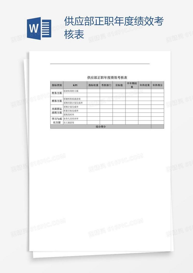 供应部正职年度绩效考核表