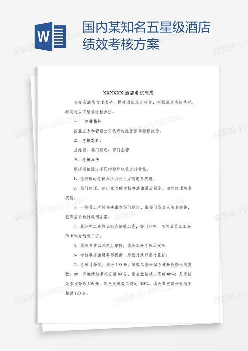 国内某知名五星级酒店绩效考核方案
