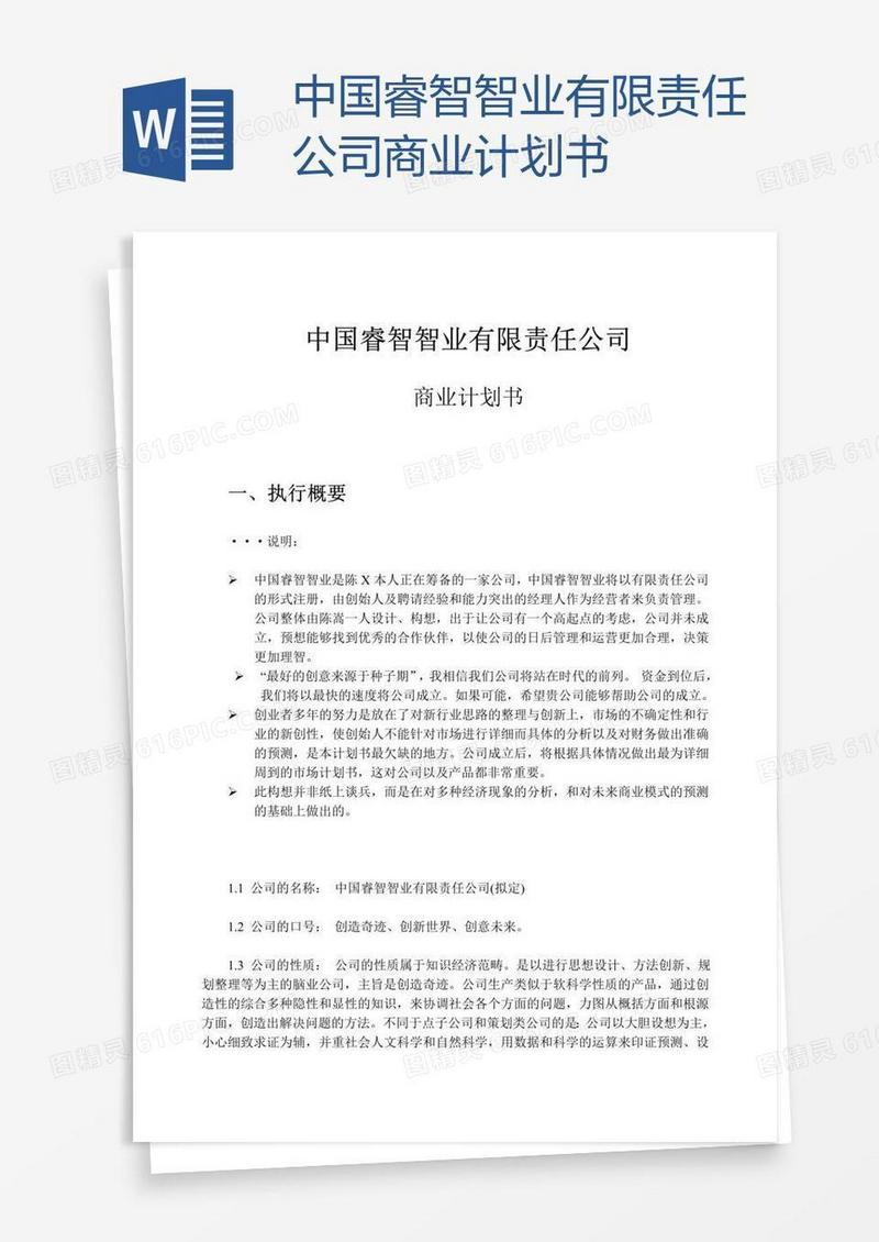 中国睿智智业有限责任公司商业计划书