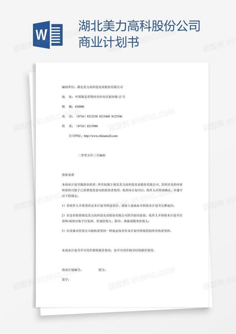 湖北美力高科股份公司商业计划书