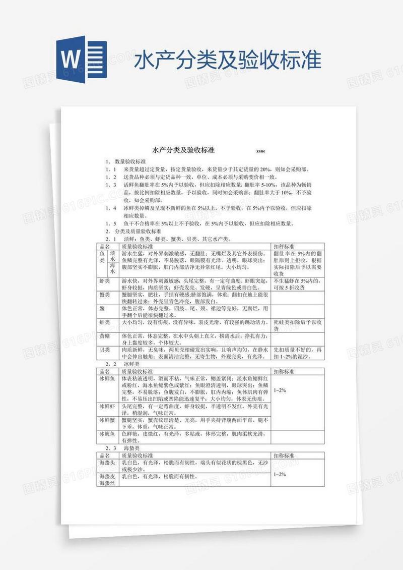 水产分类及验收标准