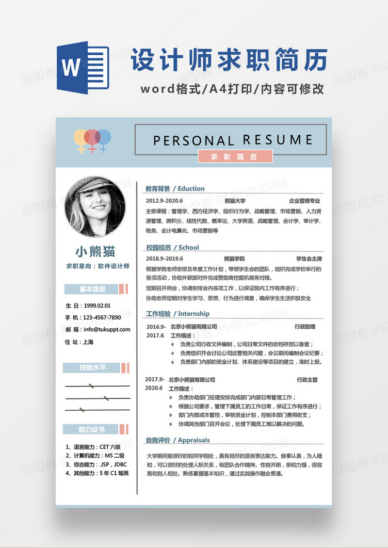 浅蓝色简约软件设计师求职简约简历word模板