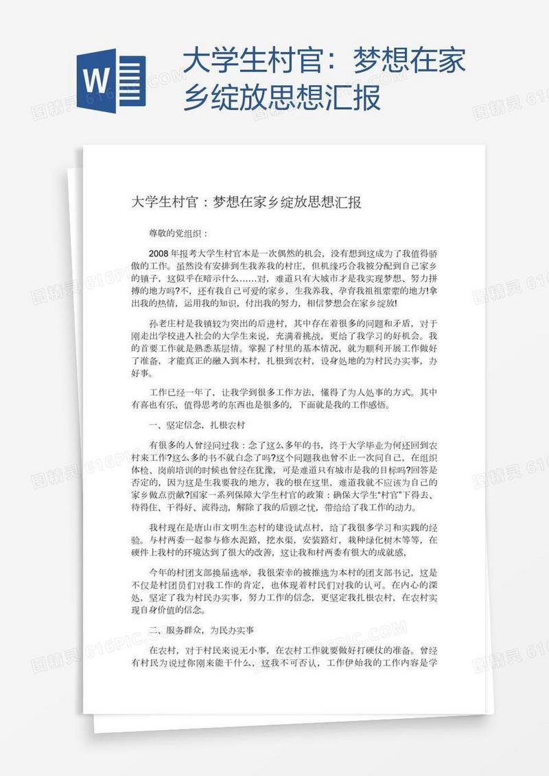 大学生村官：梦想在家乡绽放思想汇报