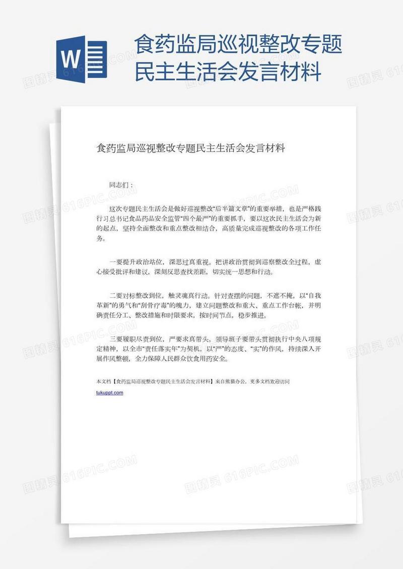 食药监局巡视整改专题民主生活会发言材料
