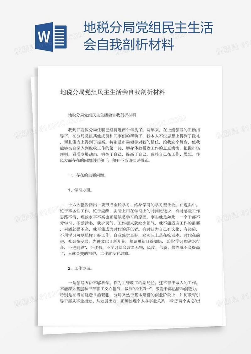 地税分局党组民主生活会自我剖析材料