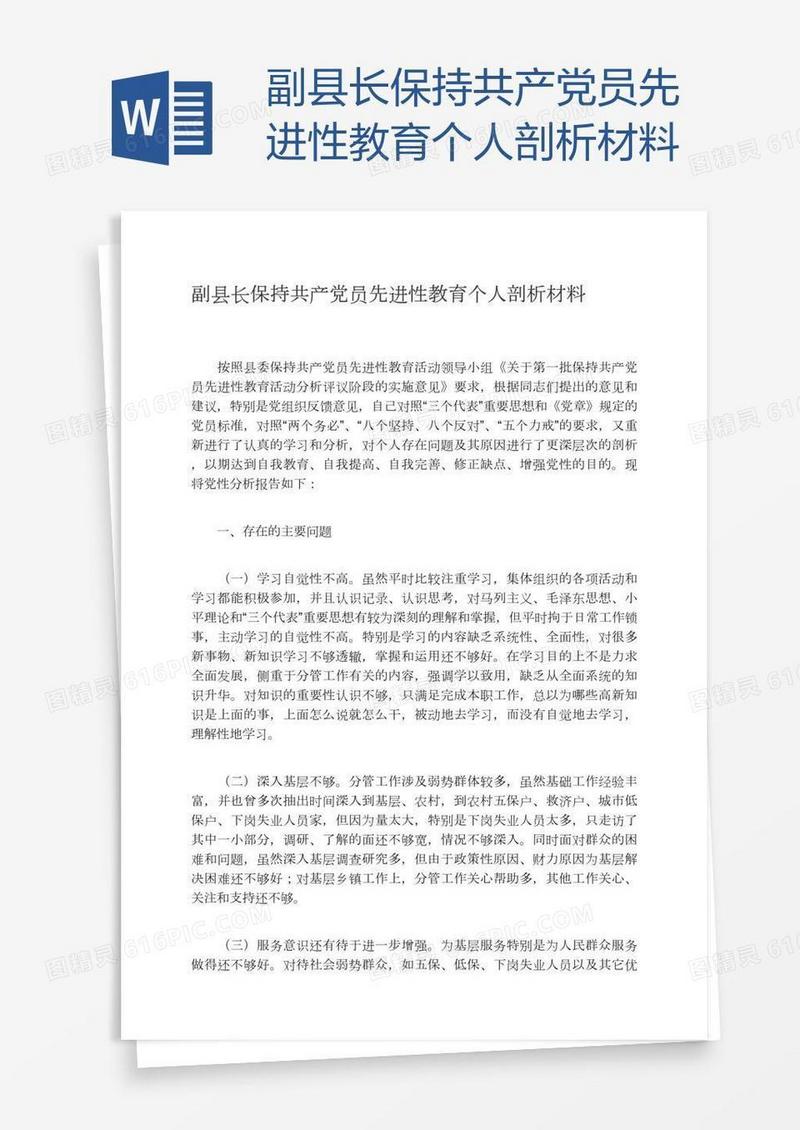 副县长保持共产党员先进性教育个人剖析材料