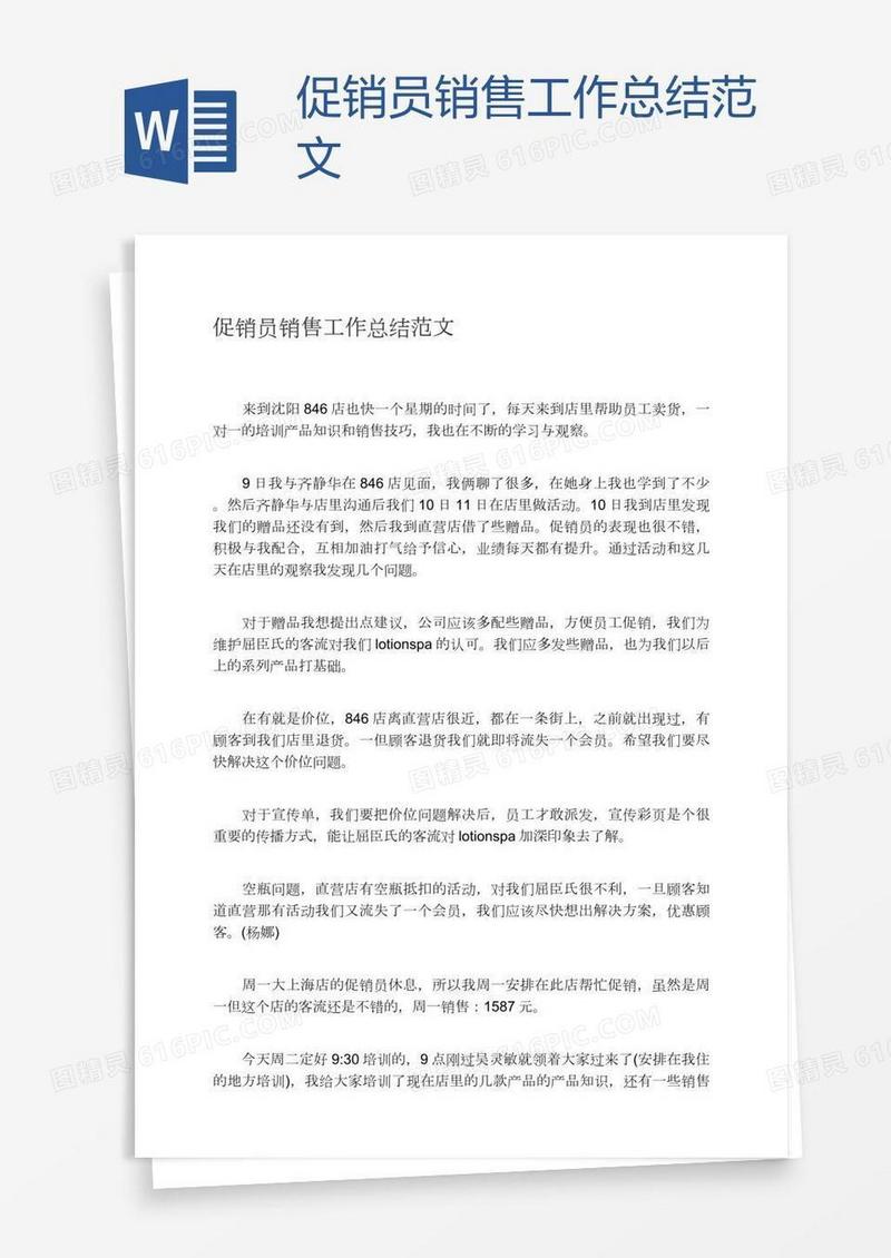 促销员销售工作总结范文