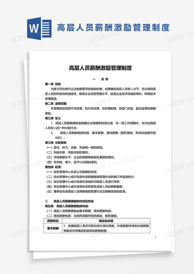 高层人员薪酬激励管理制度word模板
