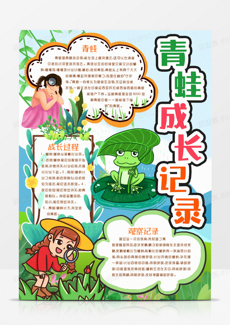 青蛙成长观察记录动物成长记录小报手抄报word模板