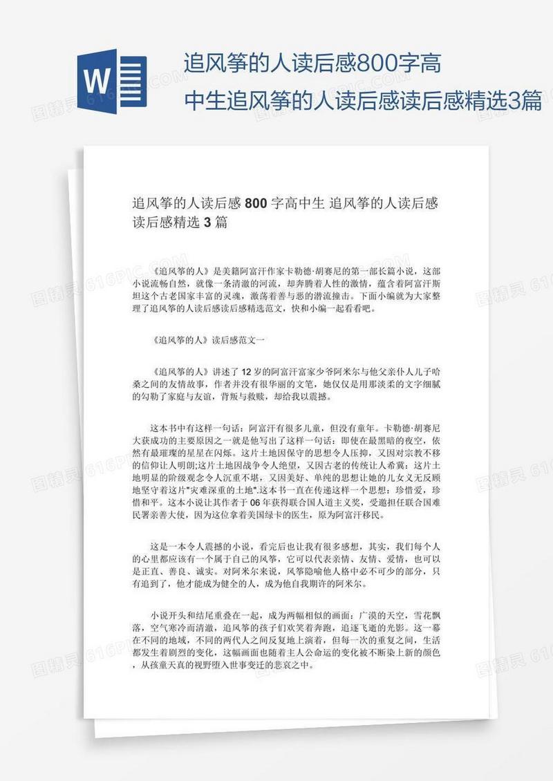 追风筝的人读后感800字高中生追风筝的人读后感读后感精选3篇