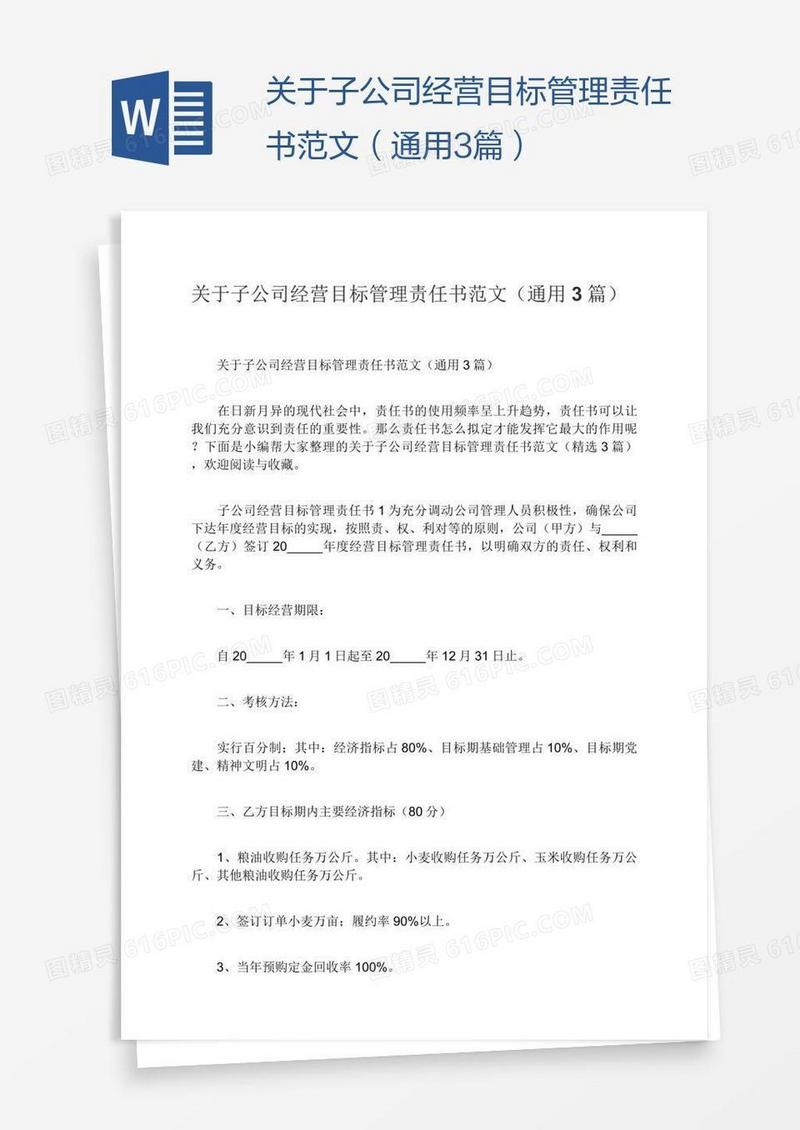 关于子公司经营目标管理责任书范文（通用3篇）