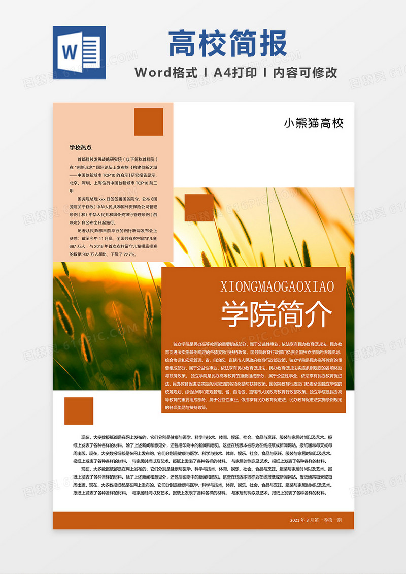 高校简约橙色简报word模板
