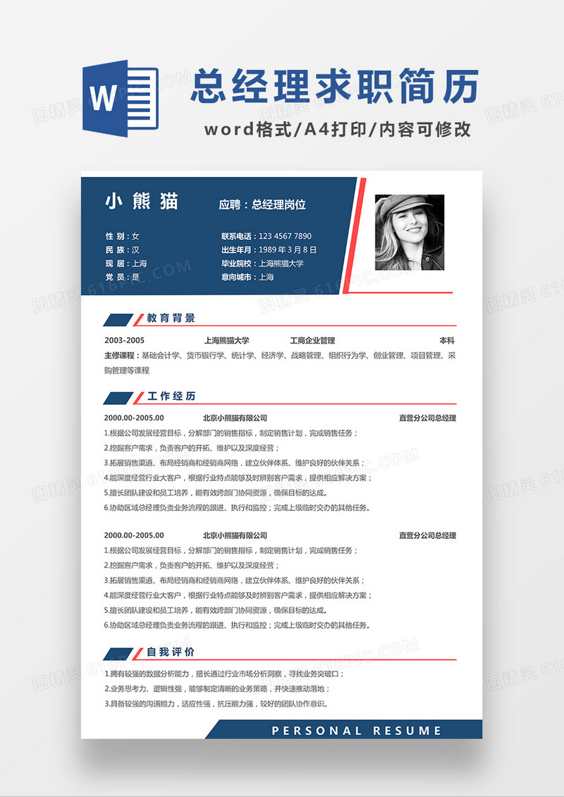 简约大气蓝色总经理求职简历WORD模板