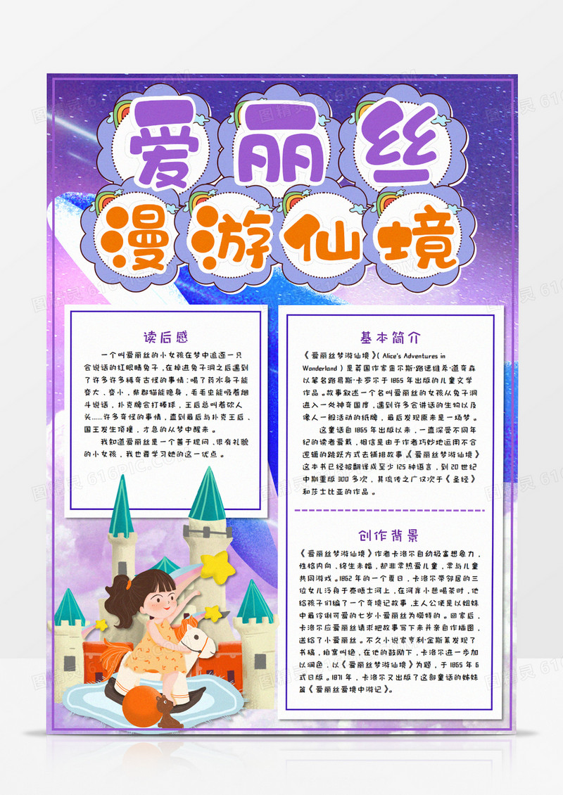 爱丽丝漫游仙境读后感竖版手抄报模板     