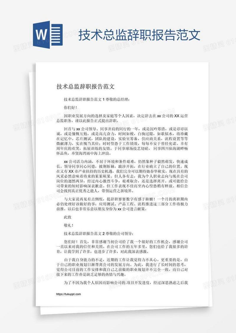 技术总监辞职报告范文