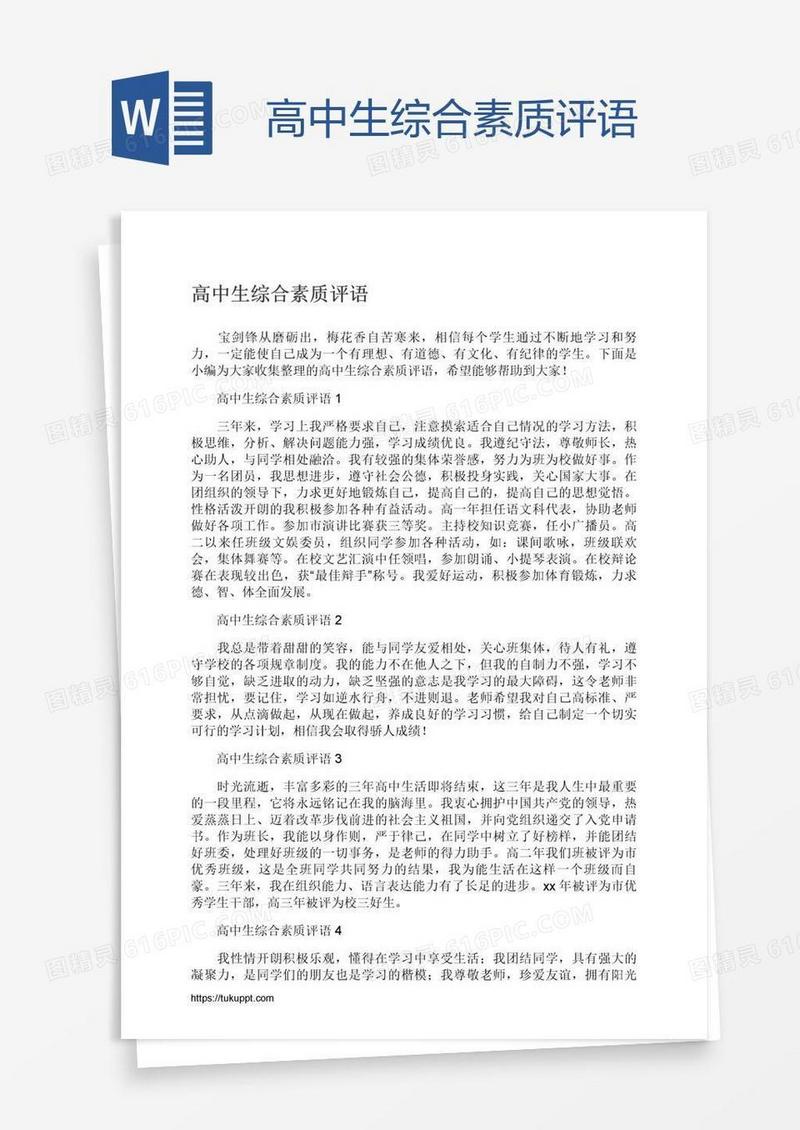 高中生综合素质评语