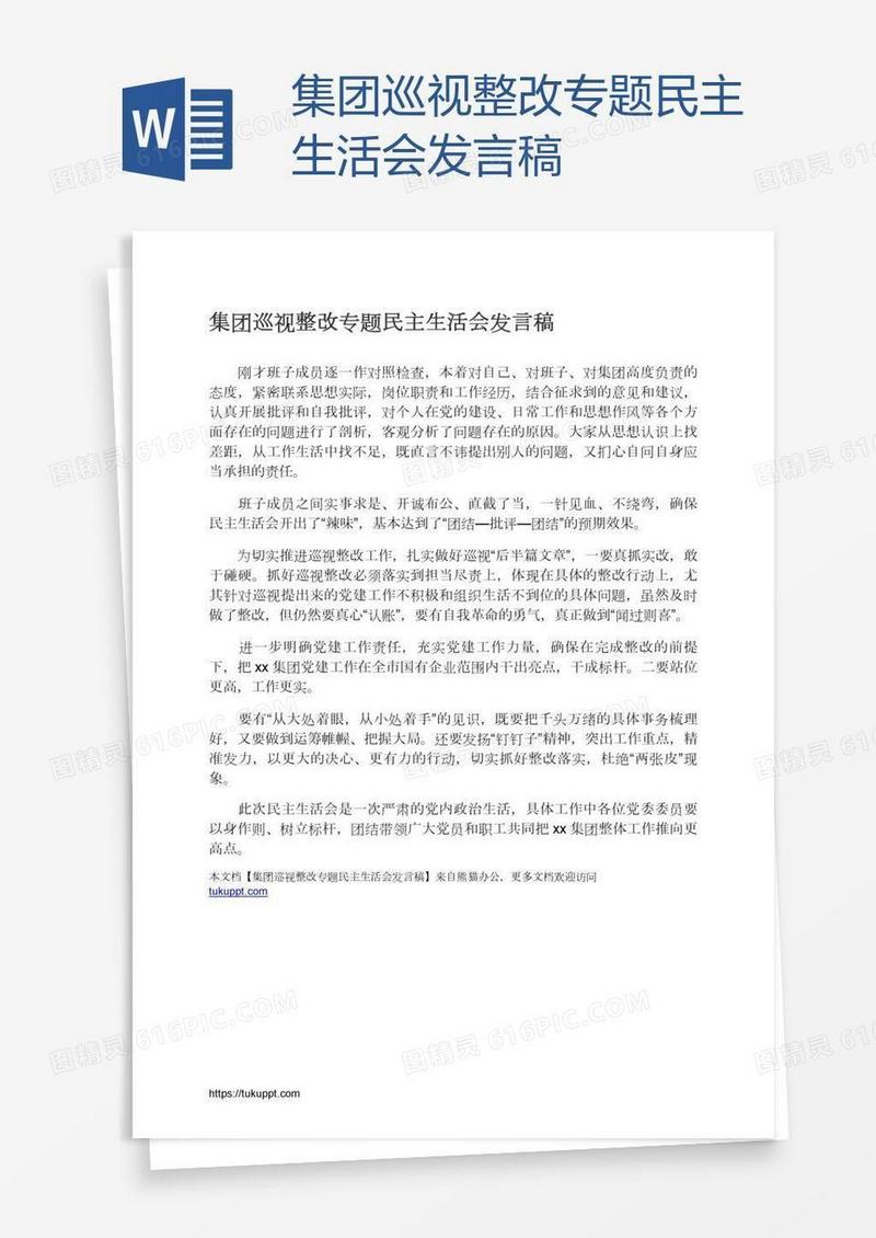 集团巡视整改专题民主生活会发言稿