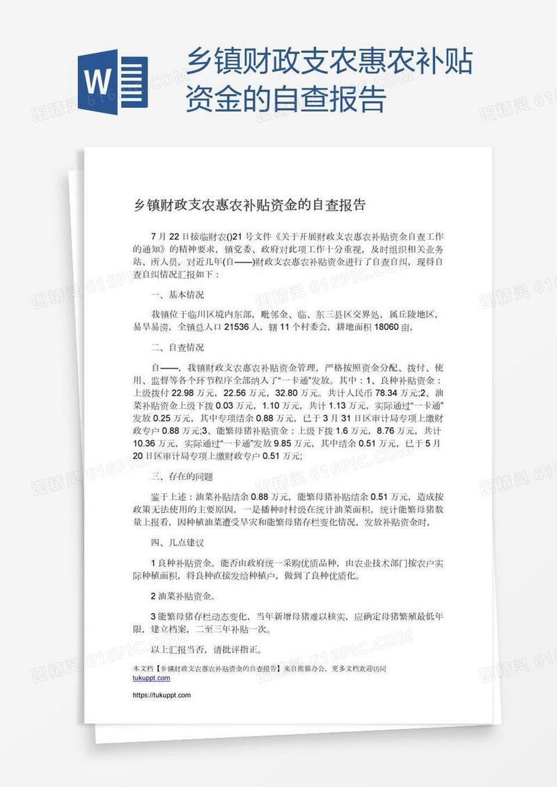 乡镇财政支农惠农补贴资金的自查报告