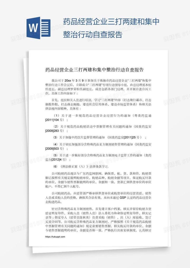 药品经营企业三打两建和集中整治行动自查报告