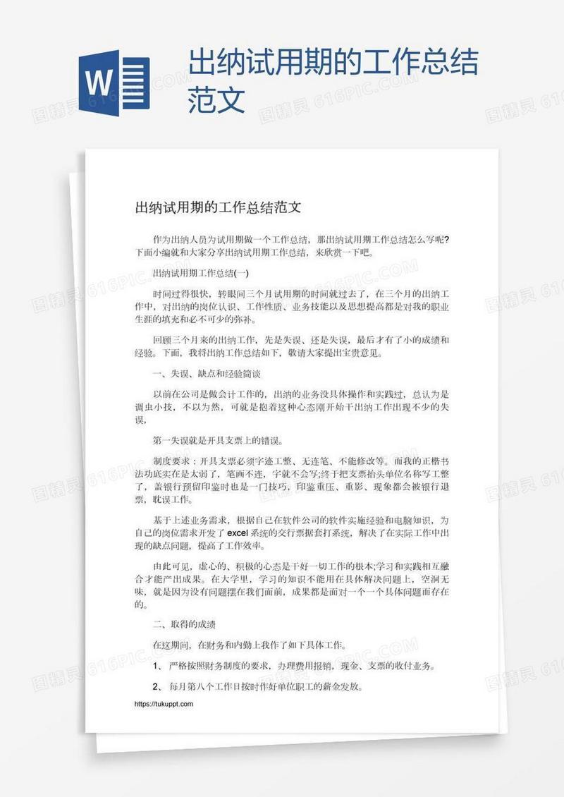 出纳试用期的工作总结范文
