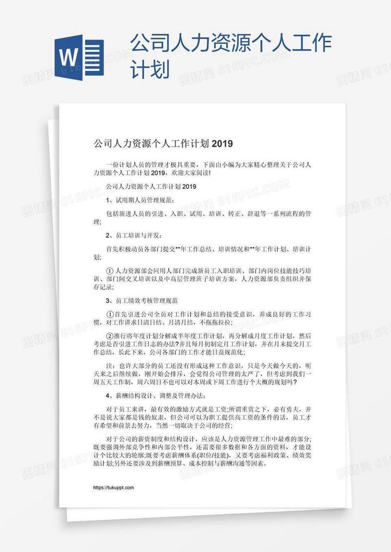 公司人力资源个人工作计划