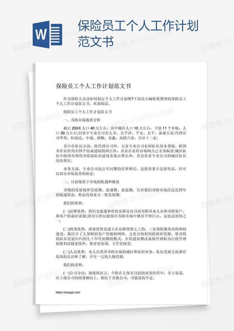 保险员工个人工作计划范文书
